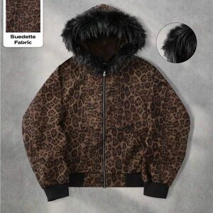 ROMWE Leopard Print Jacket with Black Fur Trim